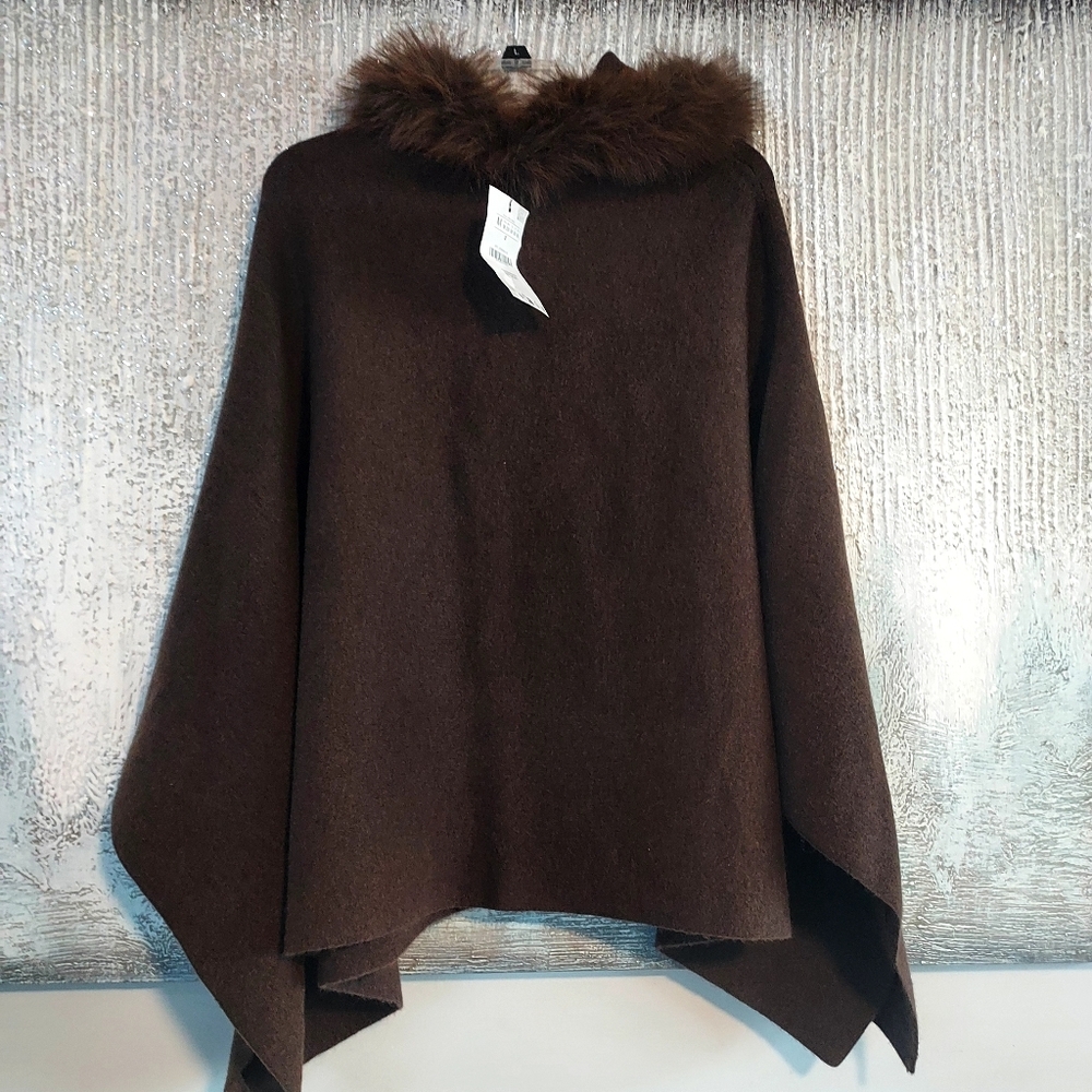 Zara Brown Knit Wool Blend Hooded Poncho Cape with Faux Fur Trim - Picture 6 of 10